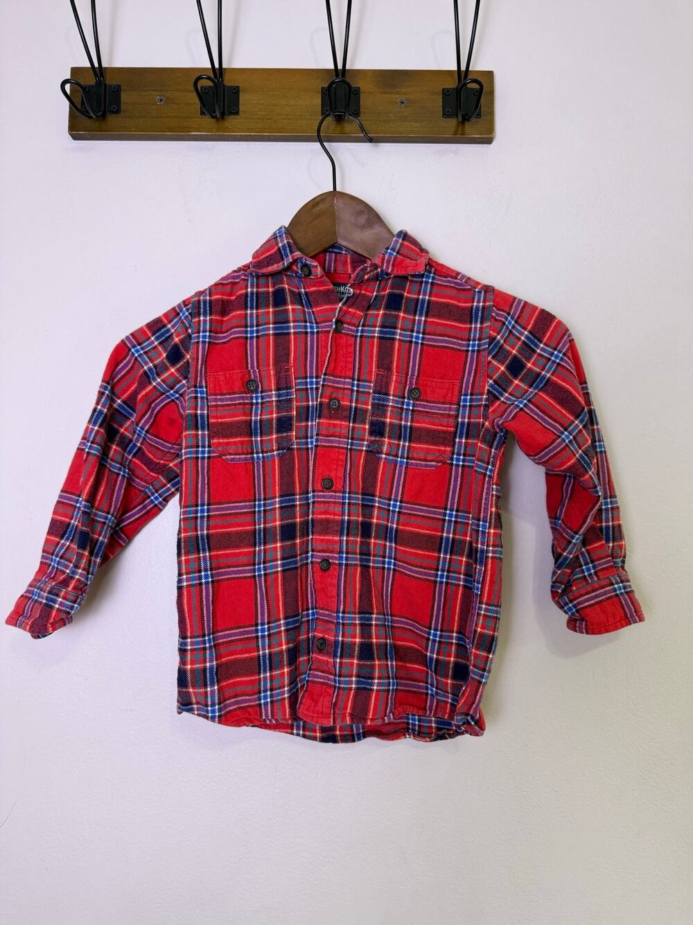 OshKosh B’gosh Toddler Boys Size 5 Red Plaid Flannel Button Up Shirt Cotton